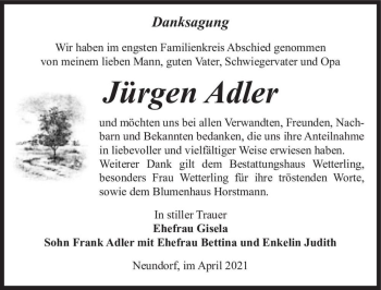Traueranzeige von Jürgen Adler  von Magdeburger Volksstimme