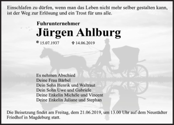Traueranzeige von Jürgen Ahlburg  von Magdeburger Volksstimme