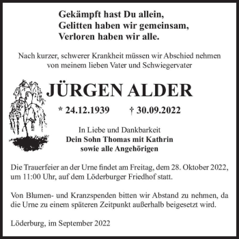 Traueranzeige von Jürgen Alder  von Magdeburger Volksstimme