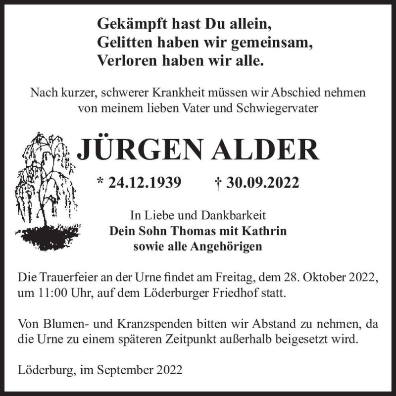 Traueranzeige für Jürgen Alder  vom 08.10.2022 aus Magdeburger Volksstimme