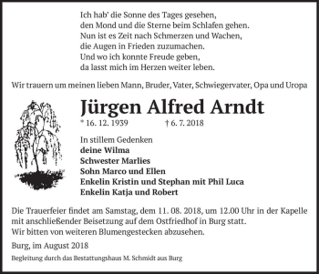 Traueranzeige von Jürgen Alfred Arndt  von Magdeburger Volksstimme