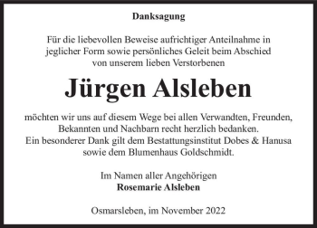 Traueranzeige von Jürgen Alsleben  von Magdeburger Volksstimme