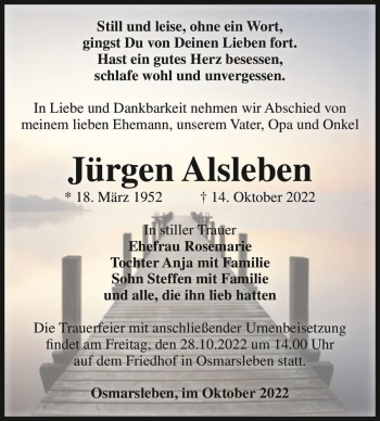Traueranzeige von Jürgen Alsleben  von Magdeburger Volksstimme