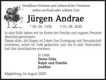 Traueranzeige von Jürgen Andrae  von Magdeburger Volksstimme