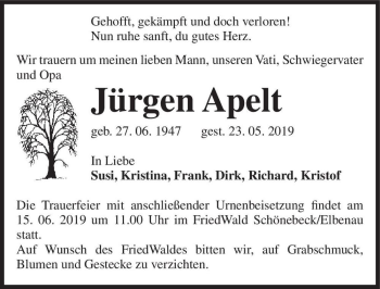 Traueranzeige von Jürgen Apelt  von Magdeburger Volksstimme