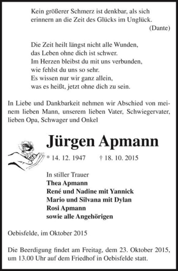 Traueranzeige von Jürgen Apmann  von Magdeburger Volksstimme