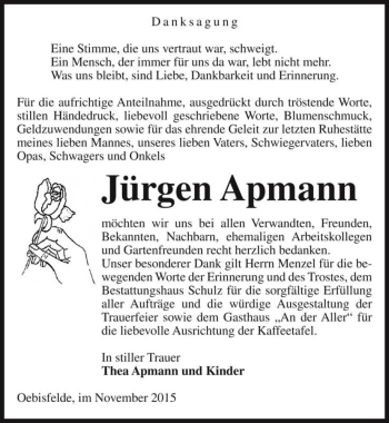 Traueranzeige von Jürgen Apmann  von Magdeburger Volksstimme