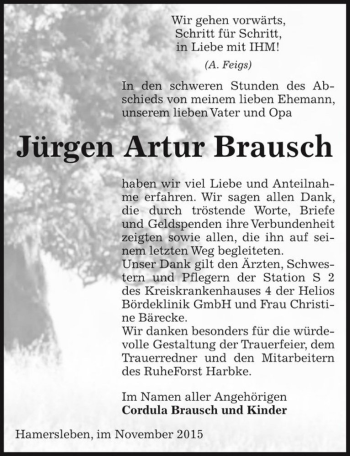 Traueranzeige von Jürgen Artur Brausch  von Magdeburger Volksstimme