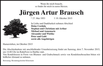 Traueranzeige von Jürgen Artur Brausch  von Magdeburger Volksstimme