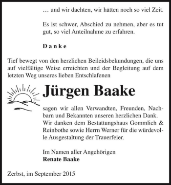 Traueranzeige von Jürgen Baake  von Magdeburger Volksstimme