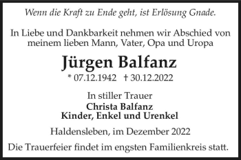 Traueranzeige von Jürgen Balfanz  von Magdeburger Volksstimme