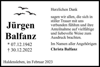 Traueranzeige von Jürgen Balfanz  von Magdeburger Volksstimme