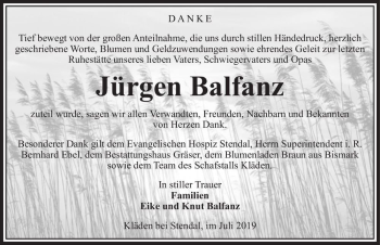 Traueranzeige von Jürgen Balfanz  von Magdeburger Volksstimme