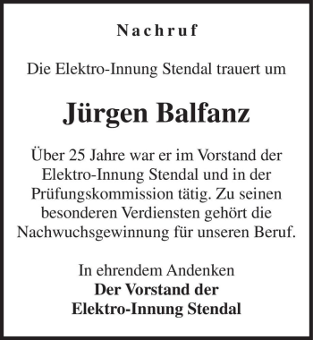 Traueranzeige von Jürgen Balfanz  von Magdeburger Volksstimme