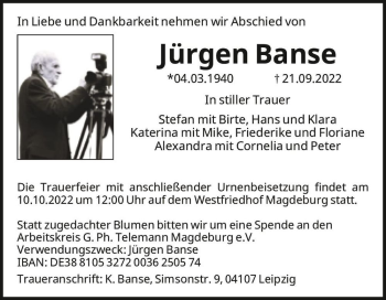 Traueranzeige von Jürgen Banse  von Magdeburger Volksstimme