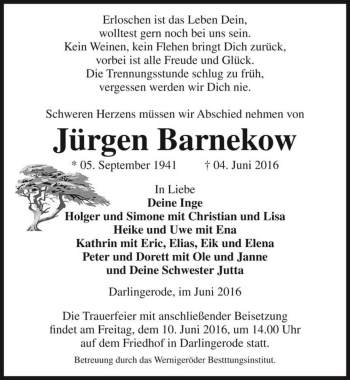 Traueranzeige von Jürgen Barnekow  von Magdeburger Volksstimme