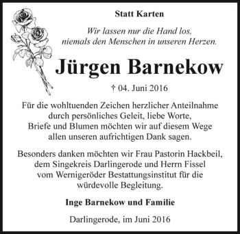 Traueranzeige von Jürgen Barnekow  von Magdeburger Volksstimme