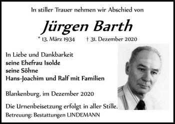 Traueranzeige von Jürgen Barth  von Magdeburger Volksstimme