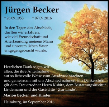 Traueranzeige von Jürgen Becker  von Magdeburger Volksstimme