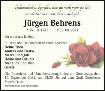Traueranzeige von Jürgen Behrens  von Magdeburger Volksstimme
