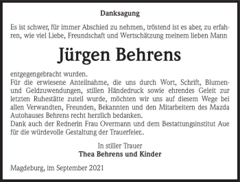 Traueranzeige von Jürgen Behrens  von Magdeburger Volksstimme