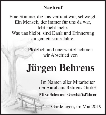 Traueranzeige von Jürgen Behrens  von Magdeburger Volksstimme