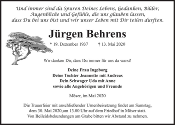 Traueranzeige von Jürgen Behrens  von Magdeburger Volksstimme