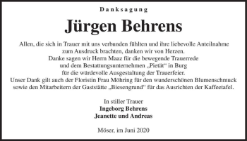 Traueranzeige von Jürgen Behrens  von Magdeburger Volksstimme