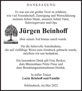 Traueranzeige von Jürgen Beinhoff  von Magdeburger Volksstimme
