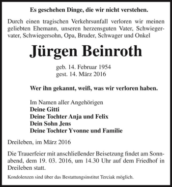 Traueranzeige von Jürgen Beinroth  von Magdeburger Volksstimme