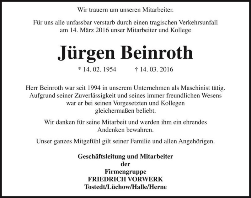  Traueranzeige für Jürgen Beinroth  vom 18.03.2016 aus Magdeburger Volksstimme