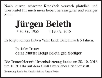 Traueranzeige von Jürgen Beleth  von Magdeburger Volksstimme
