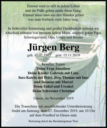 Traueranzeige von Jürgen Berg  von Magdeburger Volksstimme