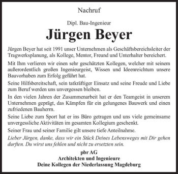 Traueranzeige von Jürgen Beyer  von Magdeburger Volksstimme
