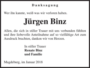 Traueranzeige von Jürgen Binz  von Magdeburger Volksstimme