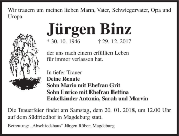 Traueranzeige von Jürgen Binz  von Magdeburger Volksstimme