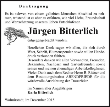 Traueranzeige von Jürgen Bitterlich  von Magdeburger Volksstimme