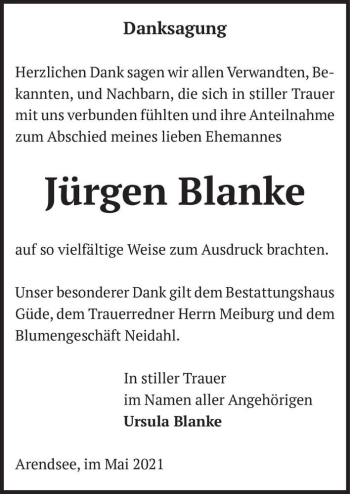 Traueranzeige von Jürgen Blanke  von Magdeburger Volksstimme