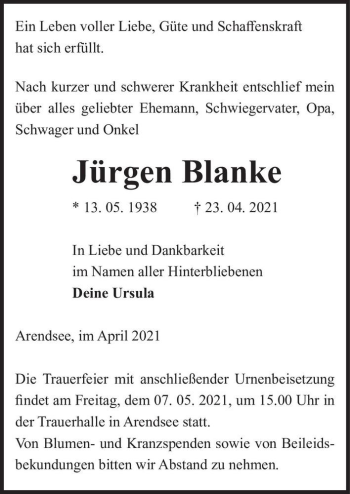 Traueranzeige von Jürgen Blanke  von Magdeburger Volksstimme