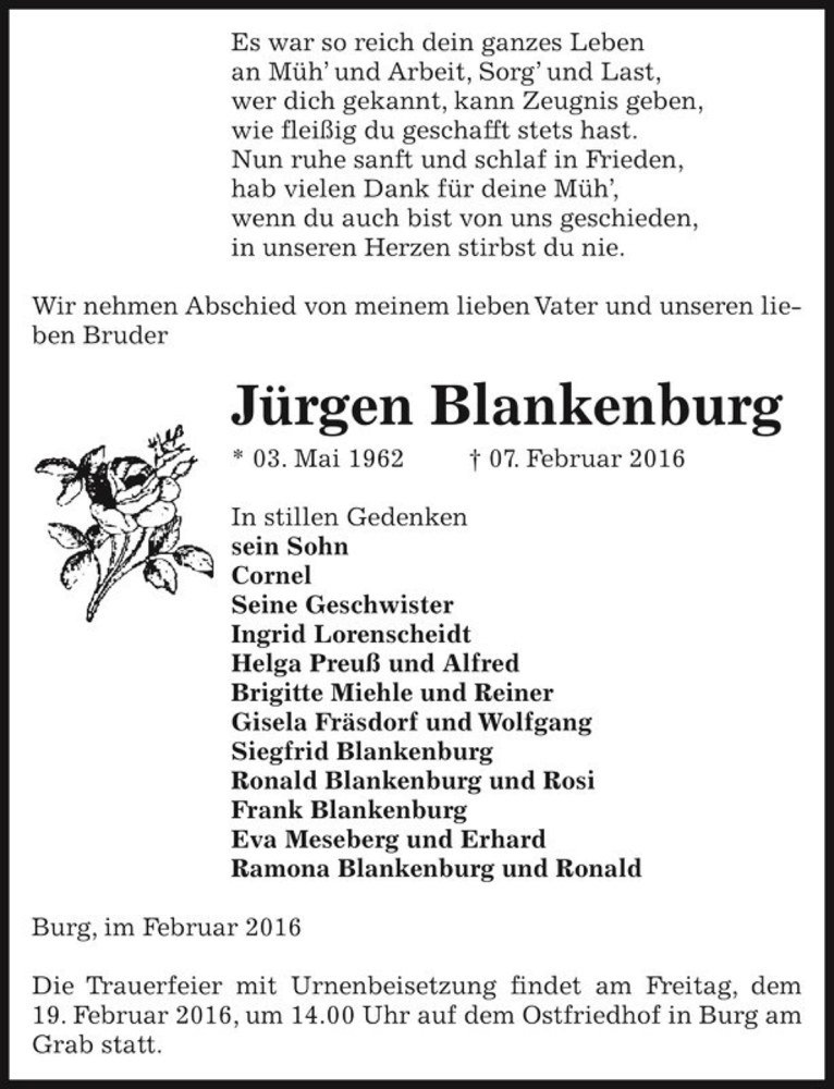  Traueranzeige für Jürgen Blankenburg  vom 15.02.2016 aus Magdeburger Volksstimme
