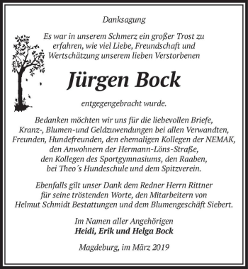 Traueranzeige von Jürgen Bock  von Magdeburger Volksstimme