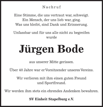 Traueranzeige von Jürgen Bode  von Magdeburger Volksstimme
