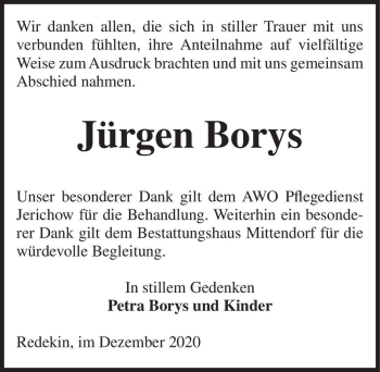 Traueranzeige von Jürgen Borys  von Magdeburger Volksstimme