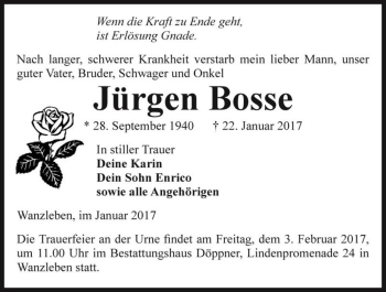 Traueranzeige von Jürgen Bosse  von Magdeburger Volksstimme