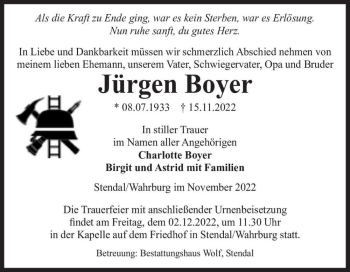Traueranzeige von Jürgen Boyer  von Magdeburger Volksstimme
