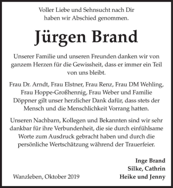 Traueranzeige von Jürgen Brand  von Magdeburger Volksstimme