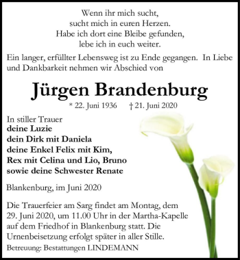 Traueranzeige von Jürgen Brandenburg  von Magdeburger Volksstimme