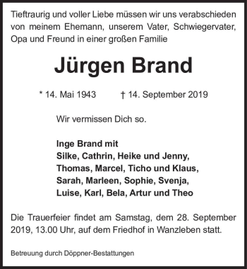 Traueranzeige von Jürgen Brandt  von Magdeburger Volksstimme