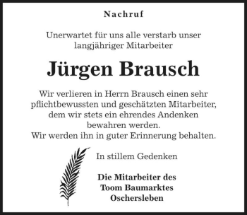 Traueranzeige von Jürgen Brausch  von Magdeburger Volksstimme