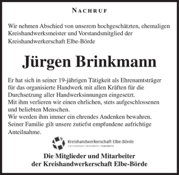 Traueranzeige von Jürgen Brinkmann  von Magdeburger Volksstimme